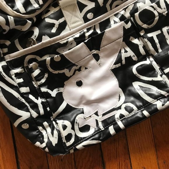 Playboy Black White Leather Pink Graffiti Playmate Love Bunny Logo Duffel Bag - Picture 4 of 4